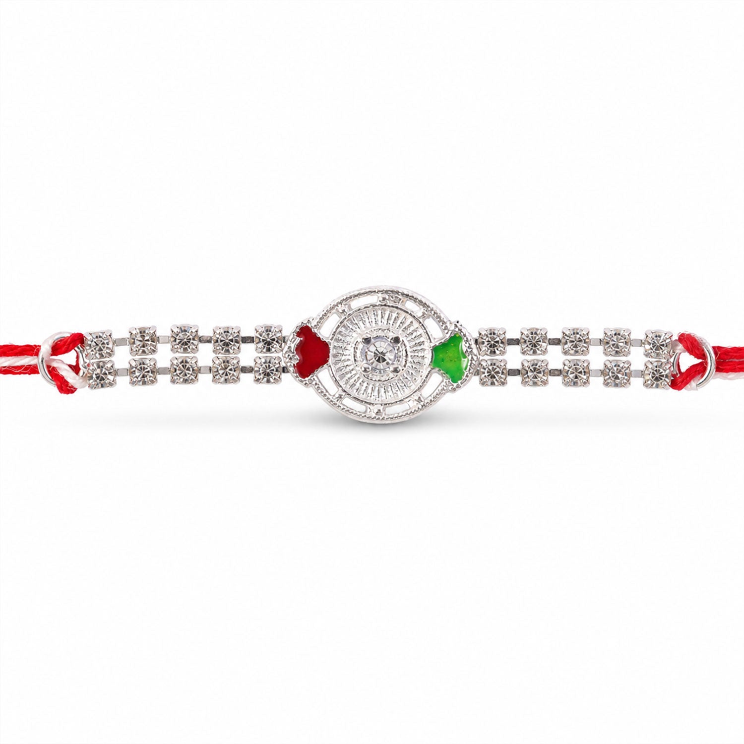 Silver-Toned Crystal Rakhi with Circular Designer Centerpiece, Dual Stone Chains & Red Thread