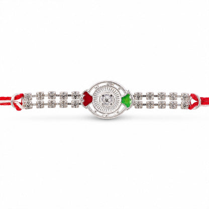 Silver-Toned Crystal Rakhi with Circular Designer Centerpiece, Dual Stone Chains & Red Thread