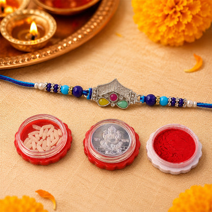 Silver Crown Temple Rakhi with Multicolor Stones, Roli Chawal Coin and Card Gift Packing