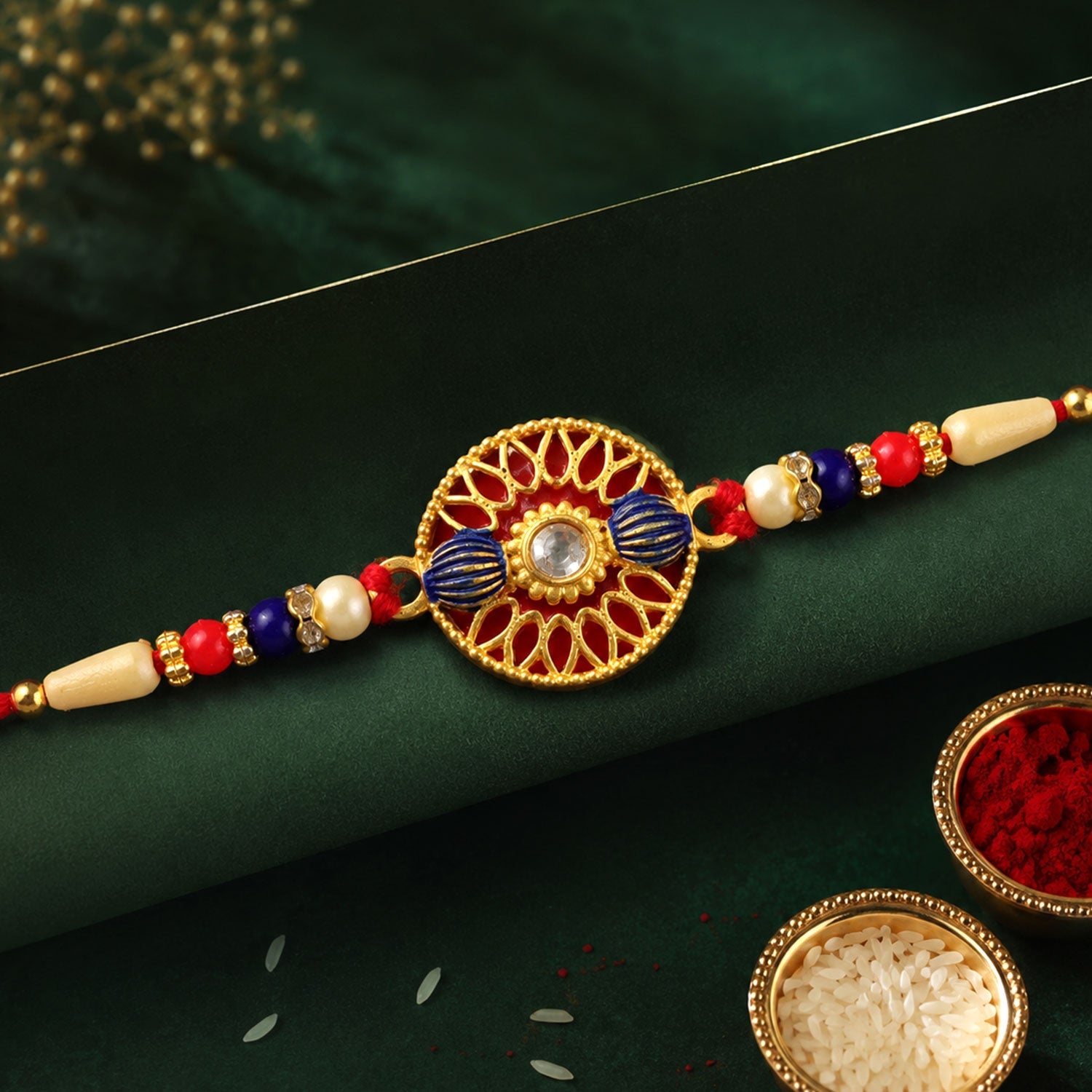 Golden Meenakari Kundan Rakhi for Brother Festive Design (5pcs)