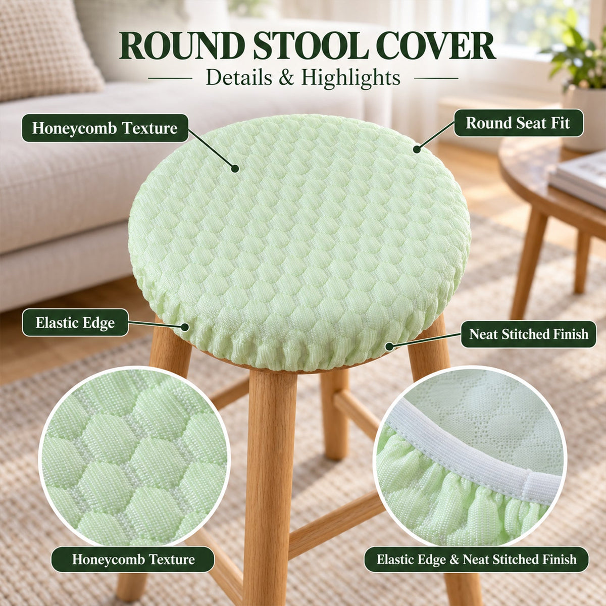 Light green textured round stool cover on a wooden stool, highlighting honeycomb texture and elastic edge details.