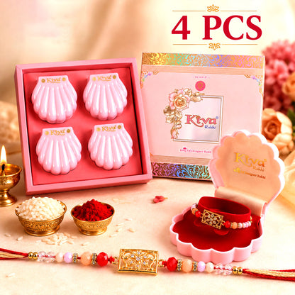 Rectangular AD Filigree Designer Rakhi for Brother with Pink Beads Gift