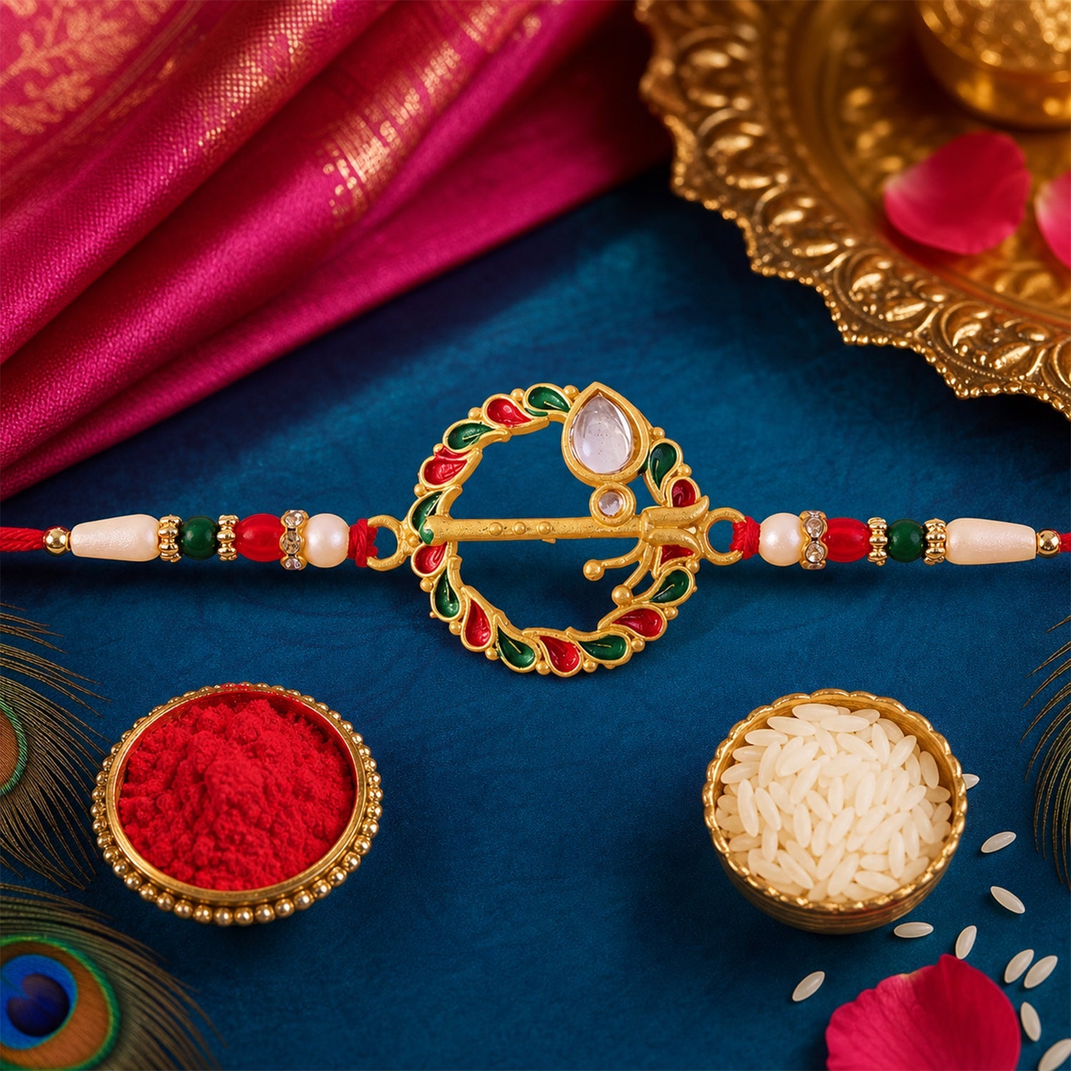 Krishna Flute Rakhi Traditional Design with Colorful Leaf Beads (10pcs)