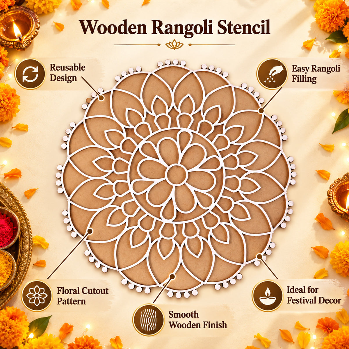 Round Floral Rangoli Stencil Board for Door Entrance and Festive Decoration