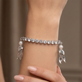 Silver Bracelet with Gemstone Row and Pearl Leaf Charms