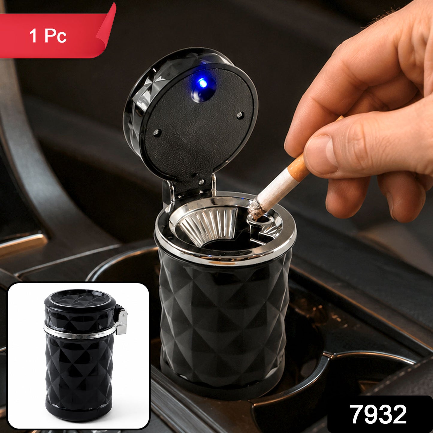 Car Cupholder Ashtray – LED Light, Lid & Portable Bin | Velvet Wheels