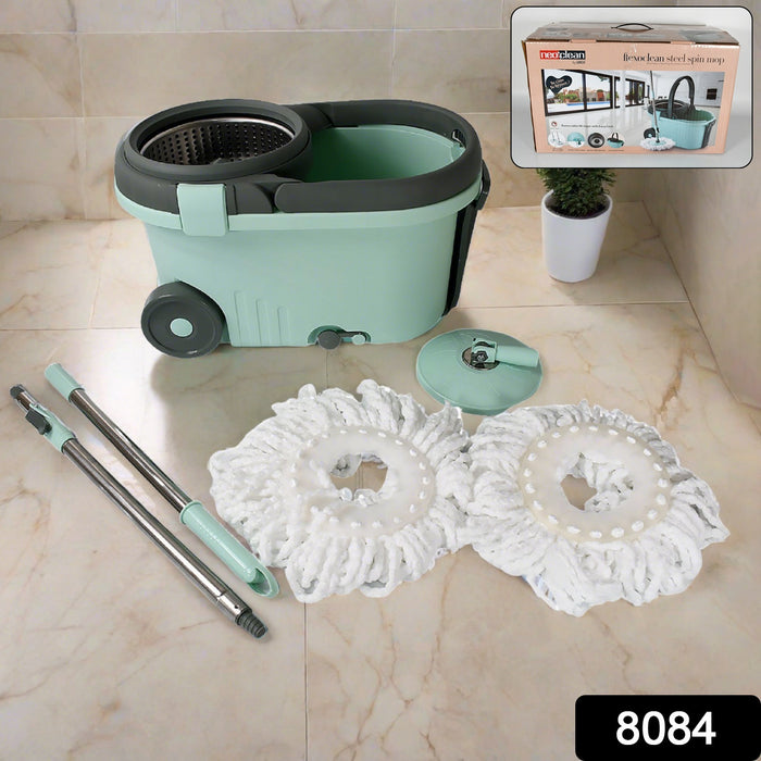 8084 Ganesh Quick Spin Mop Steel Spin, Bucket Floor Cleaning, Easy Wheels & Big Bucket, Floor Cleaning Mop With Bucket, 2 Micro fiber head / Refill