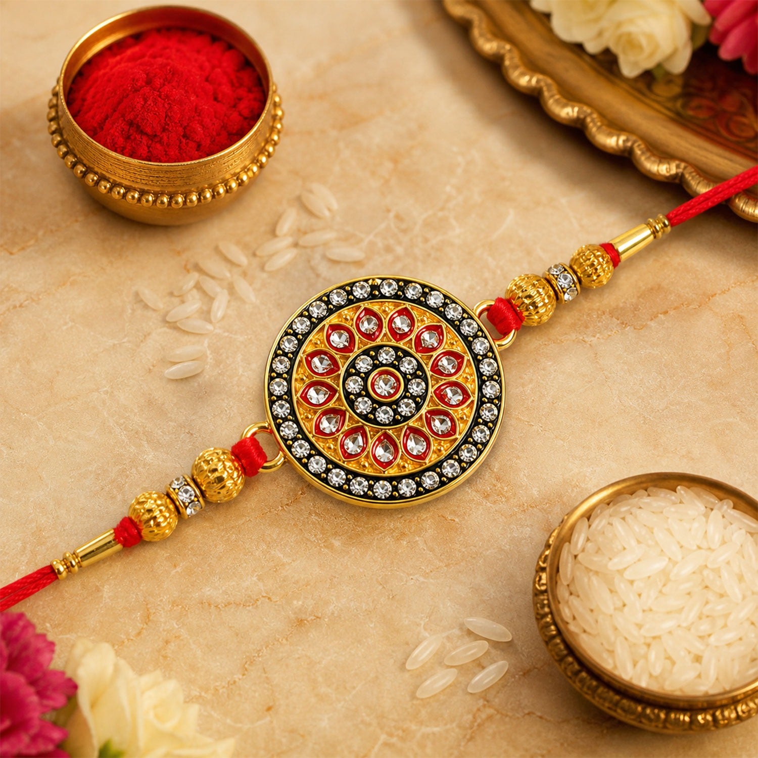 Kundan Rakhi – Royal Golden Enamel Work Design for Bhai