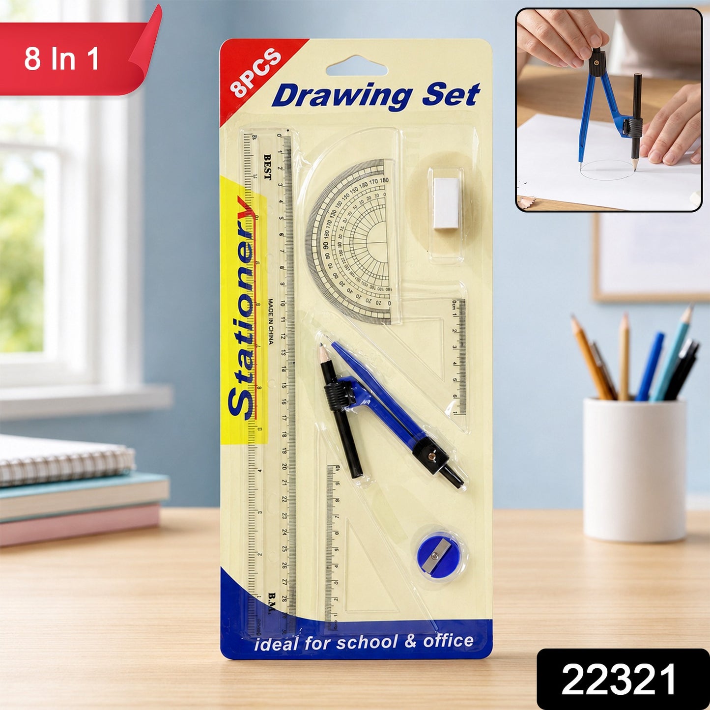 8 in 1 Geometry Box Set for School with Compass and Rulers (1 Set)
