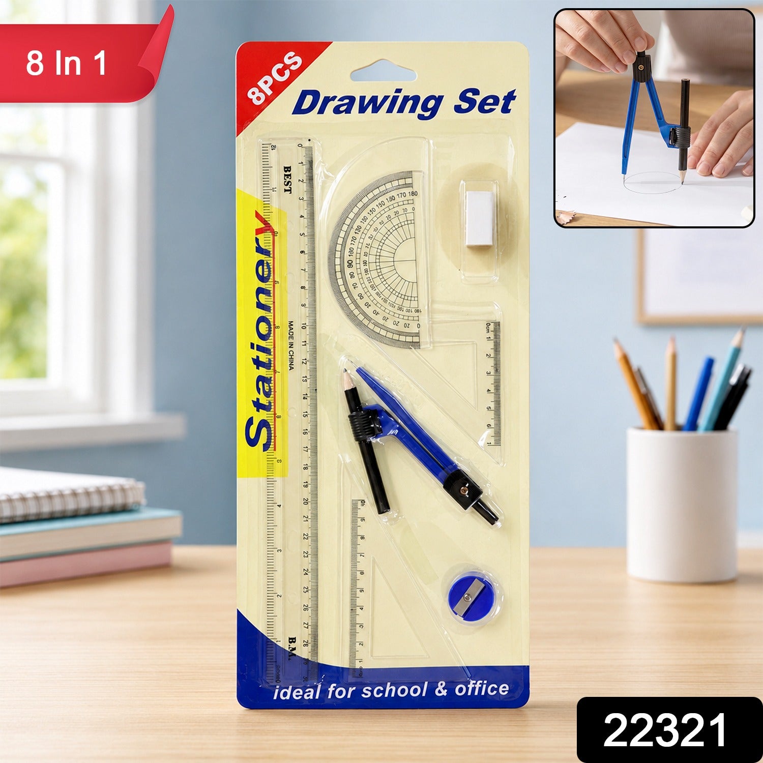 8 in 1 Geometry Box Set for School with Compass and Rulers (1 Set)