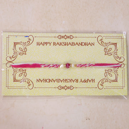 Pink-White Braided Rakhi with Rose-Pink Stone Bead Pendant