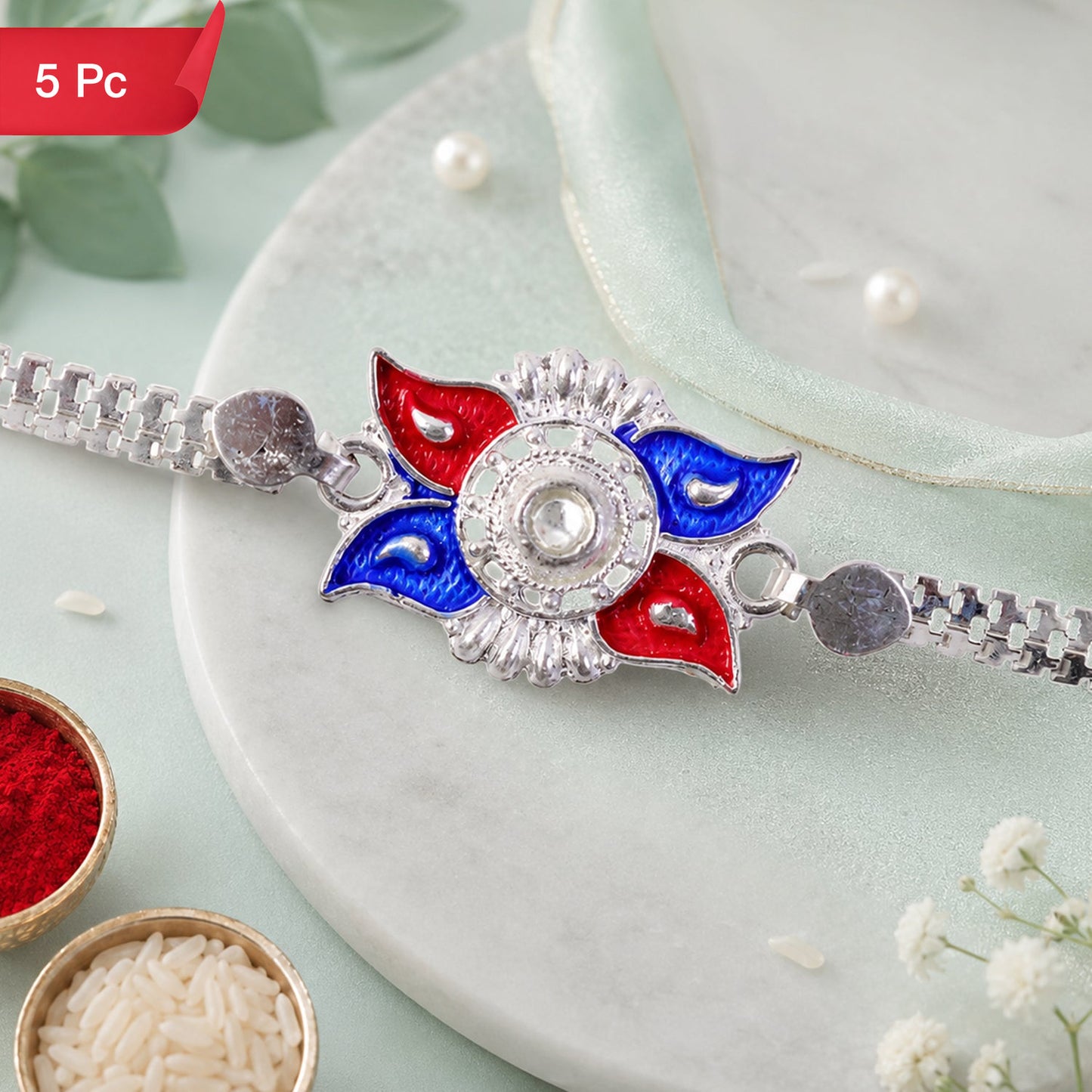 Sun Design Rakhi Red Blue Enamel & Silver-Tone Chain (5pcs)