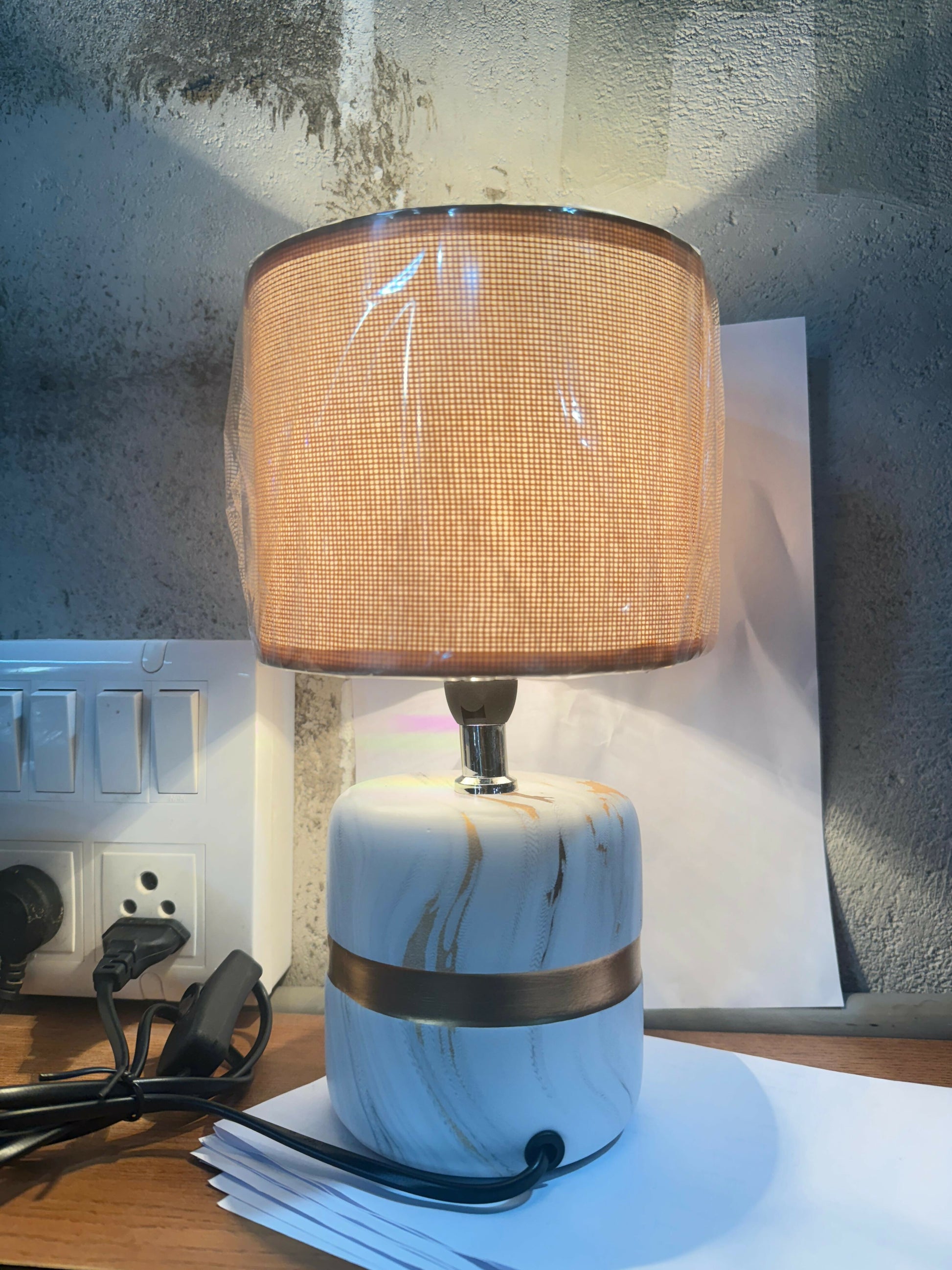 Luxury Marble Base Table Lamp with Warm Fabric Shade | Modern Decorative Bedside & Living Room Lamp | Golden Accent Night Lamp
