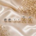 Elegant 3-Pair Stud Earrings Set with Crystal, Pearl & Bow Design for Women