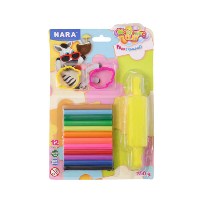 Nara 12 Color Modelling Clay Set with Roller & Cutters Creative Play Dough Kit for Kids (100 Gm)