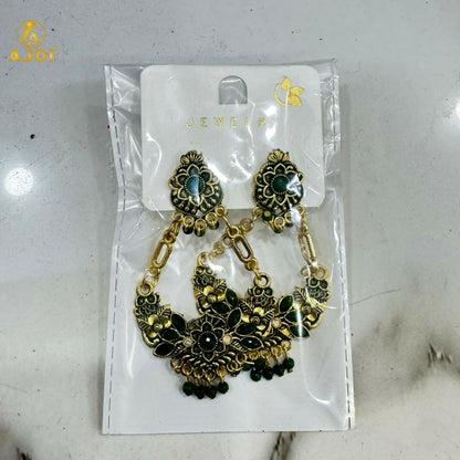 Antique Gold-Plated Green Stone Floral Chandbali Earrings for Women