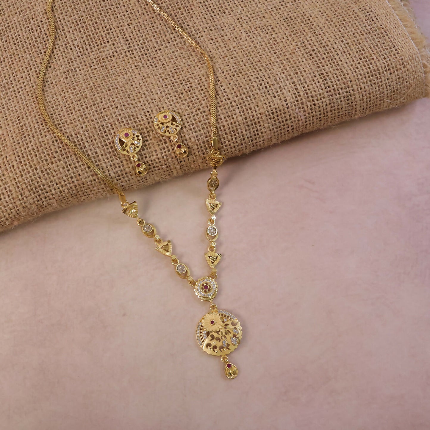 Classic Gold-Tone Floral Engraved Pendant Necklace Set with Designer Stud Earrings