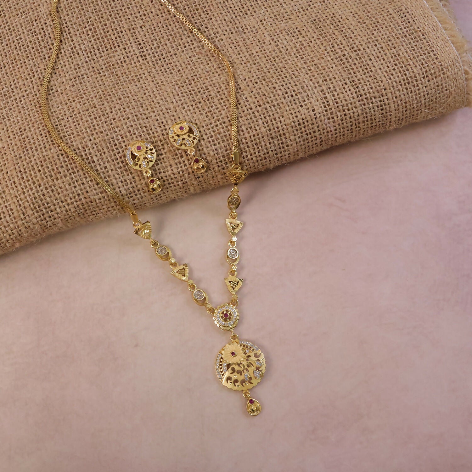 Classic Gold-Tone Floral Engraved Pendant Necklace Set with Designer Stud Earrings