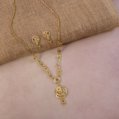 Classic Gold-Tone Floral Engraved Pendant Necklace Set with Designer Stud Earrings