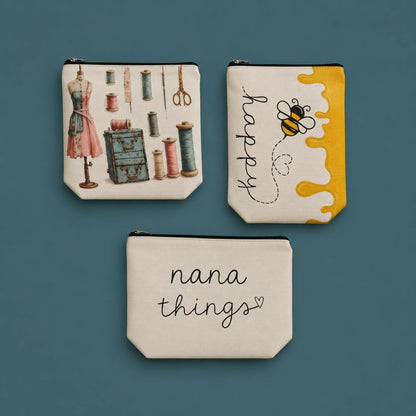 Printed pouch displayed on table with accessories