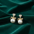 Heart Crystal Pearl Bow Earrings – 14K Gold Plated Elegance