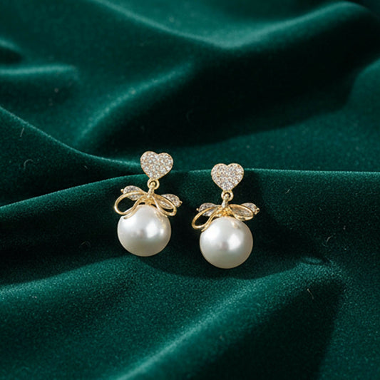 Romantic Heart Crystal & Pearl Bow Earrings – 14K Gold Plated Drop Earrings for Women