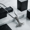 Silver Viking Hammer Pendant Necklace for Men Norse Skull Design with Box Chain