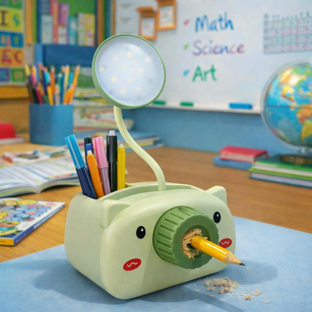 Green Kids Desk Lamp with Pencil Sharpener and Pen Holder Study Table Light