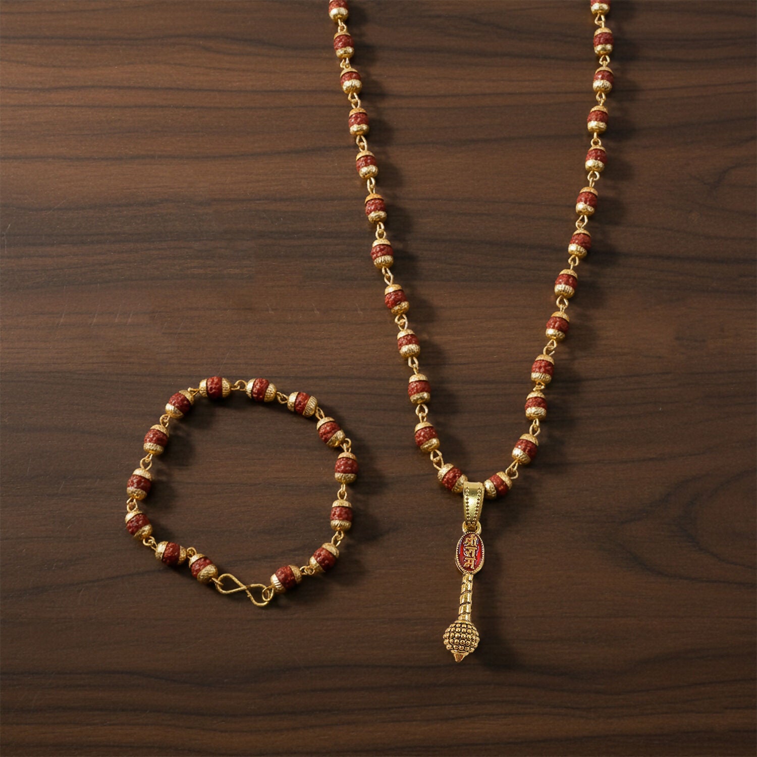 Ram Naam Gada Pendant Gold Plated & Rudraksha Bracelet Combo