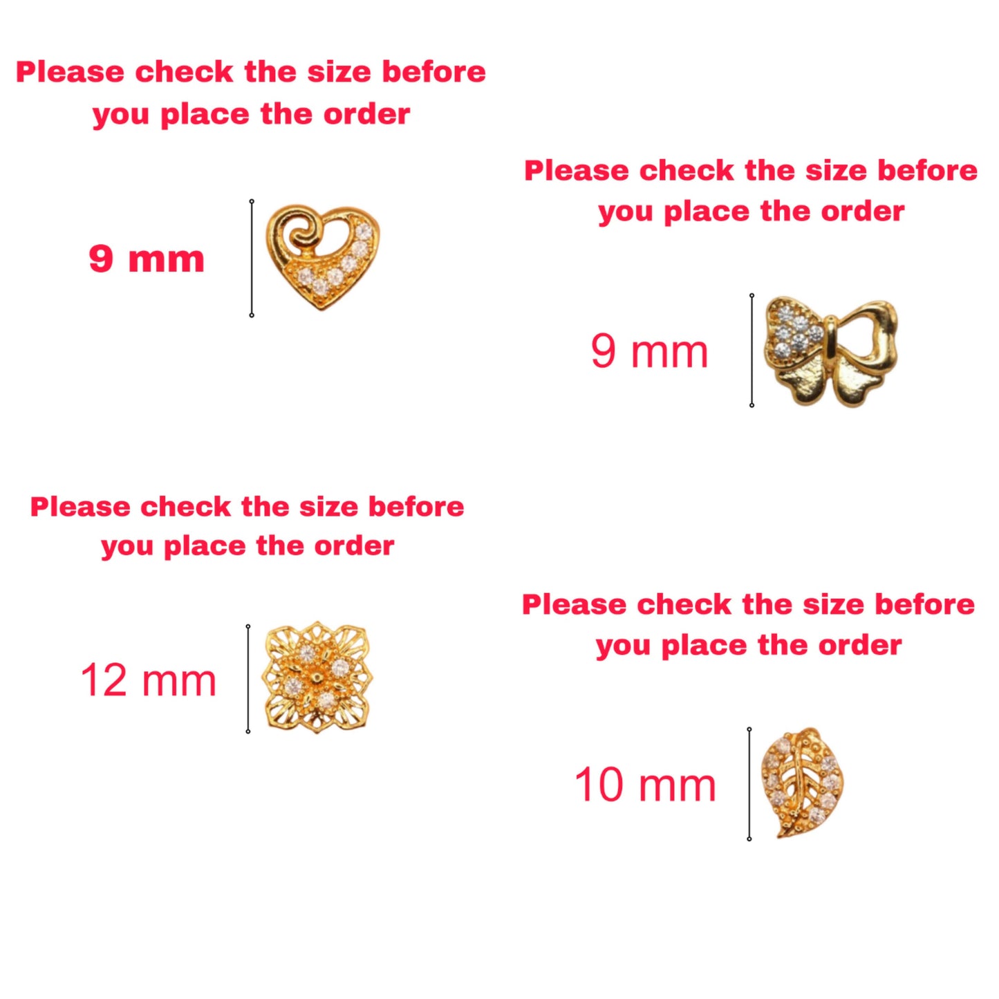 Assortment of gold plated stud earrings with heart and bow shaped designs