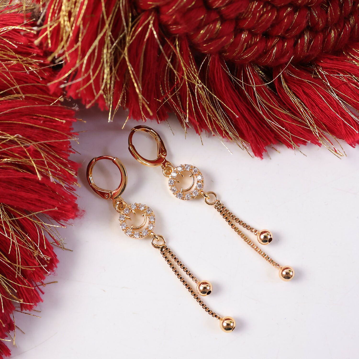Gold-Tone Smiley Crystal Circle Tassel Drop Earrings for Women