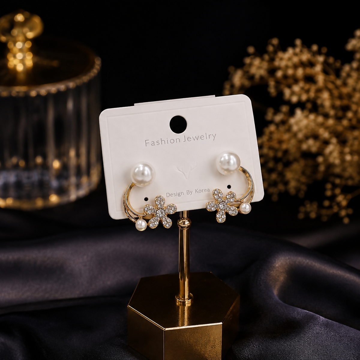 Elegant Pearl Stud & Pavé Zircon Flower Curved Half-Hoop Earrings