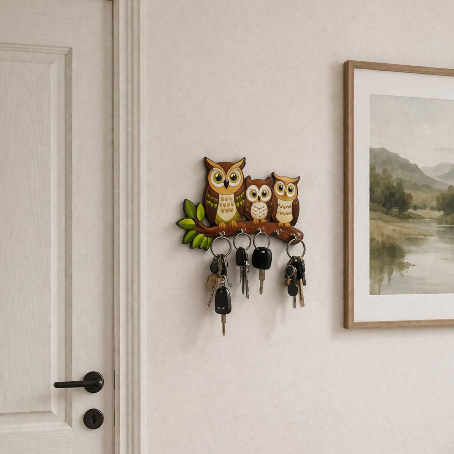 Close-up of owl design printed on wooden key holder
