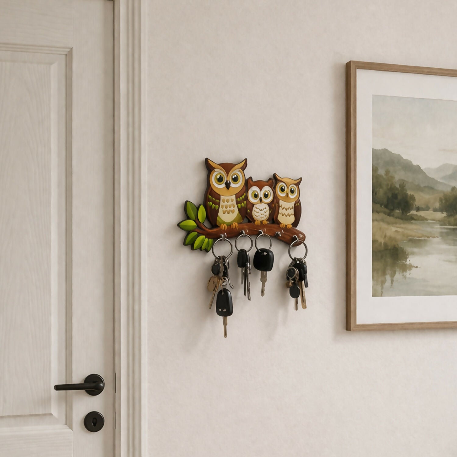 Close-up of owl design printed on wooden key holder