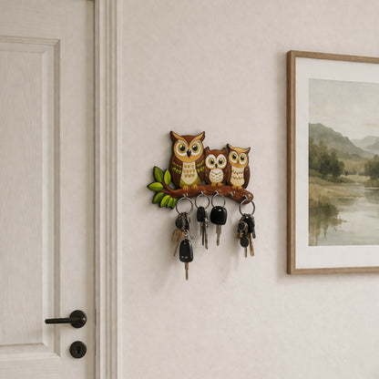 Close-up of owl design printed on wooden key holder