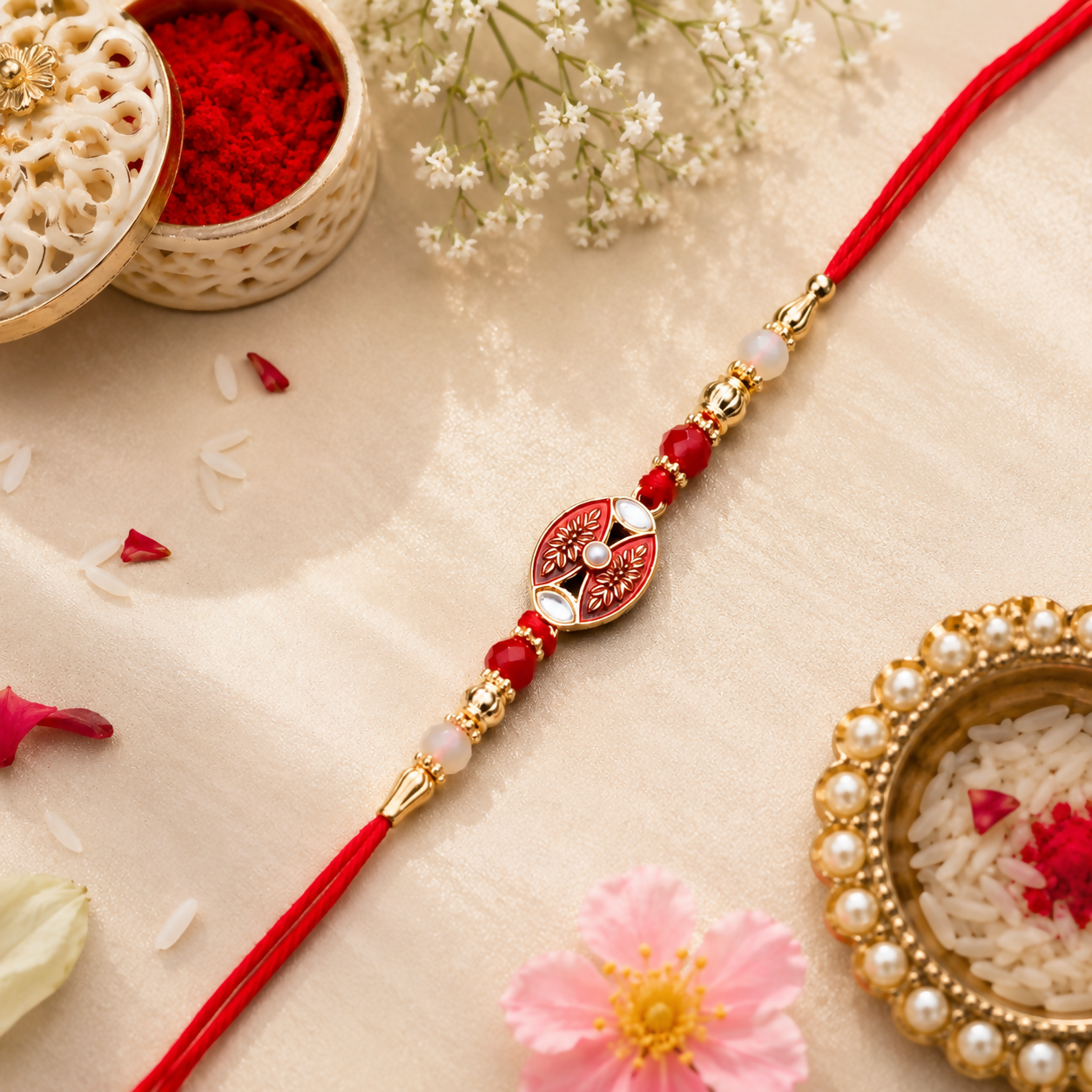 A red and gold beaded bracelet is displayed on a light gold fabric, with a decorative white box and pink flower nearby.
