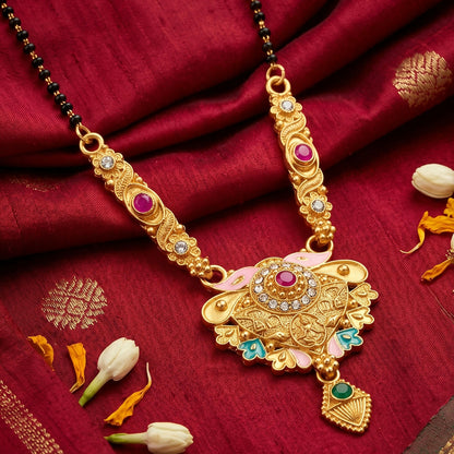 Antique Finish Meenakari Floral Fan Pendant Short Single Strand Mangalsutra