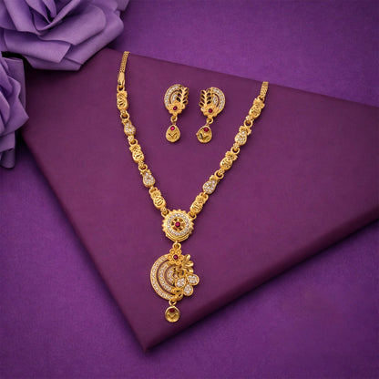 Premium Gold-Tone Ethnic Necklace Set with Floral Pendant Design & Matching Drop Earrings