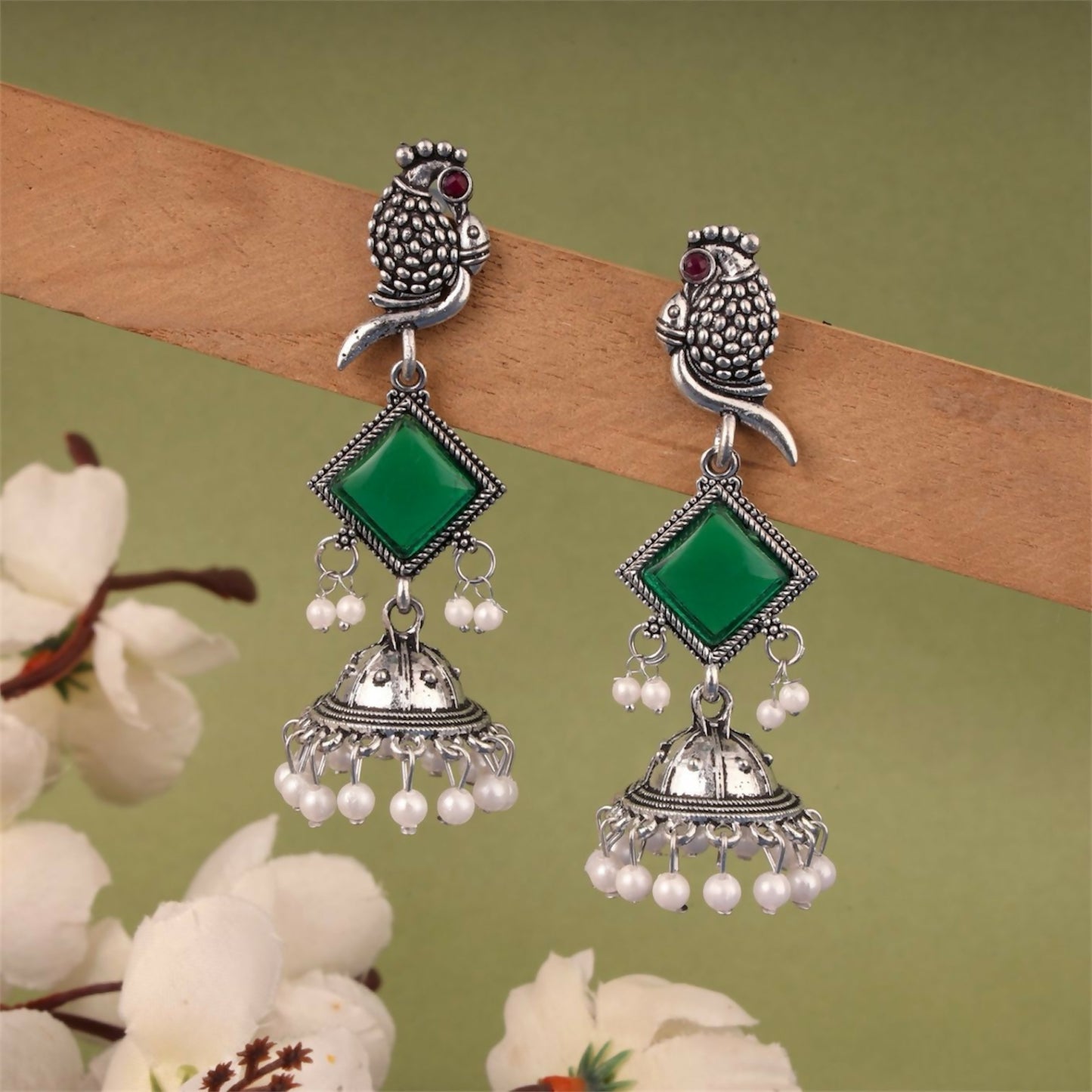 Oxidised Silver Green Stone Parrot Design Jhumka Earrings for Women & Girls