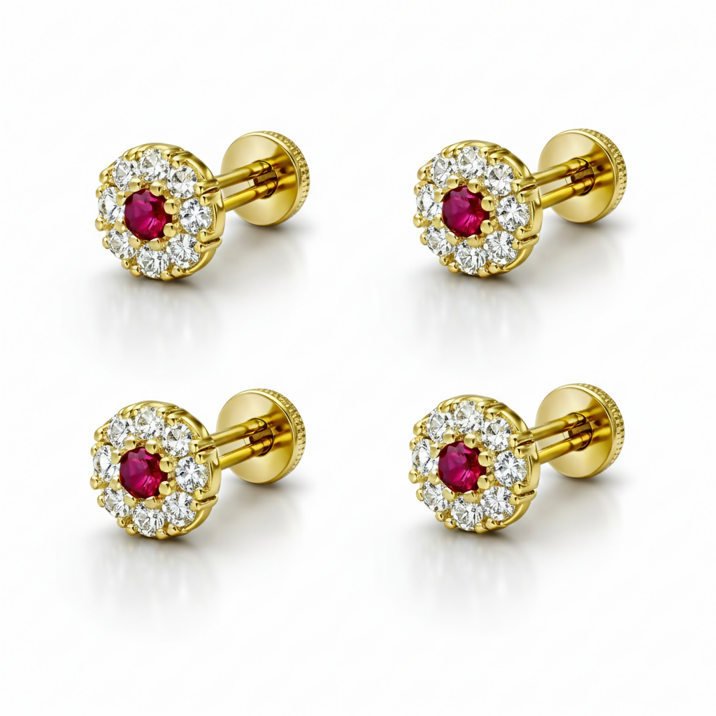 Gold plated Ruby & Diamond Floral Halo Nose Pin Labret Stud Combo Pack of 4