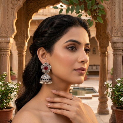 Oxidized silver jhumka earrings with pearl danglers on white background