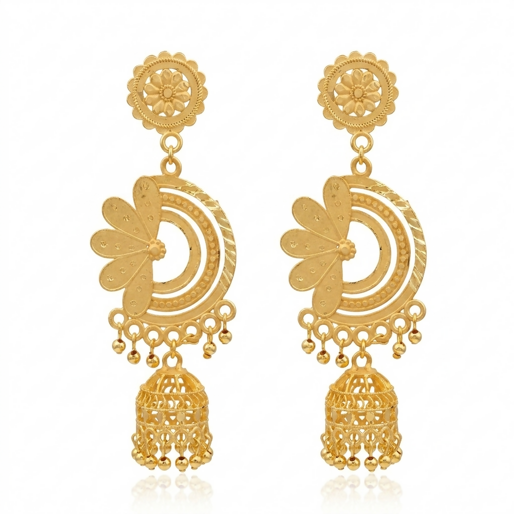 Pair of traditional gold jhumka earrings on a white background