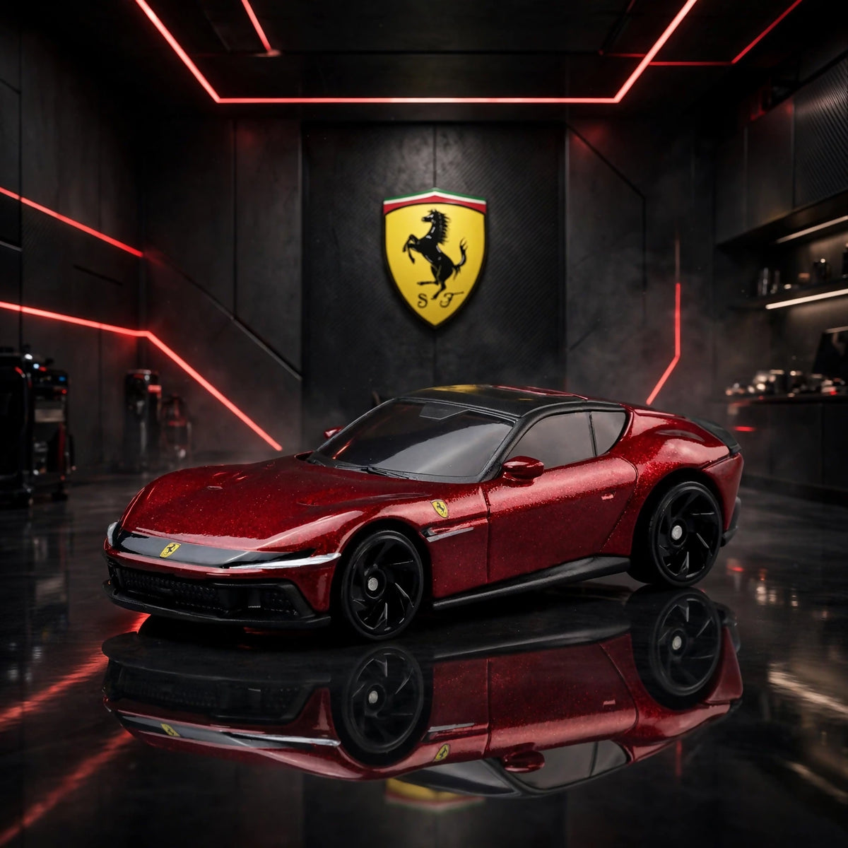 A dark metallic red Hot Wheels Ferrari with black wheels, displayed on a shiny surface in a futuristic garage with red neon