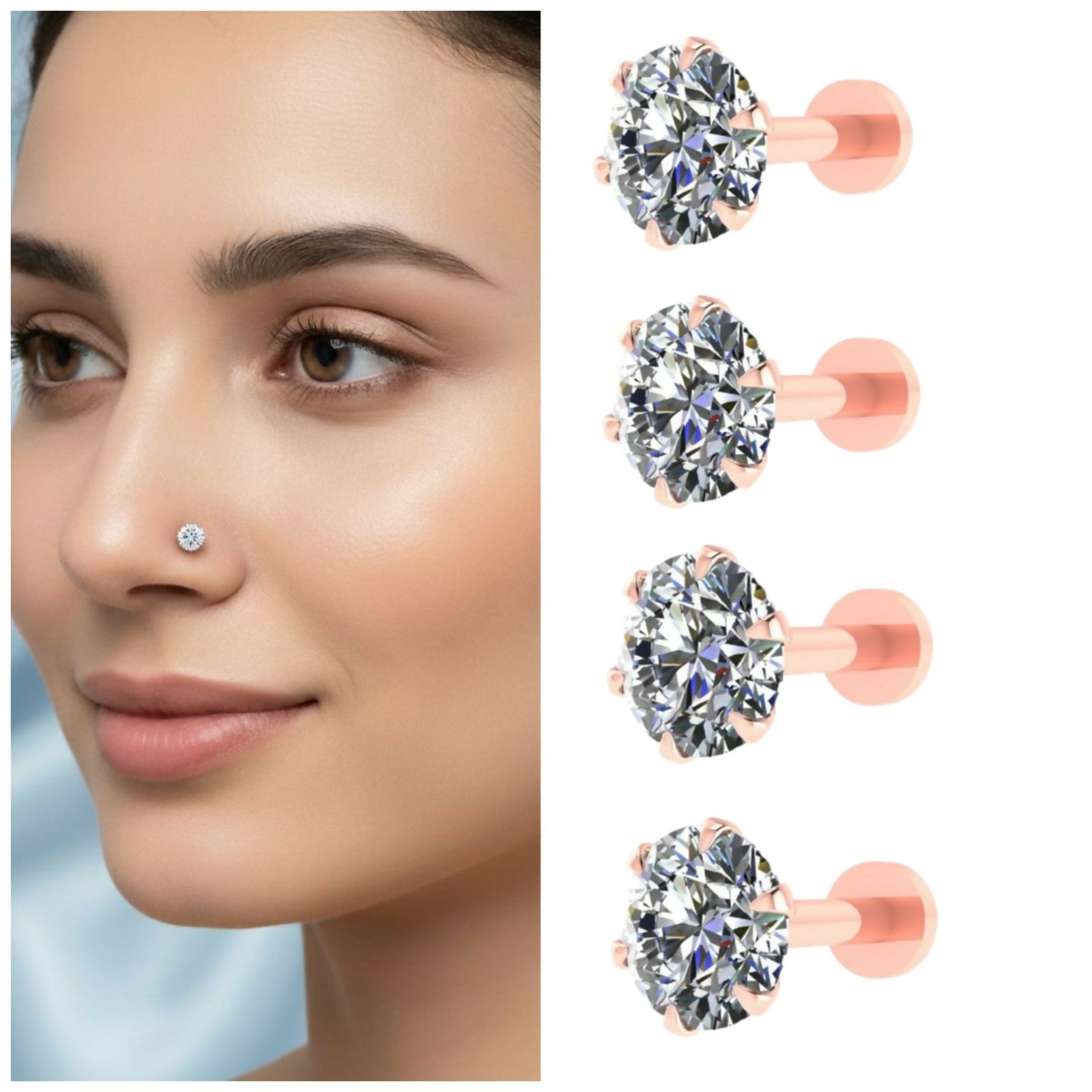 Rose gold AD nosepin stud with high-brilliance simulated diamond in 6-prong setting