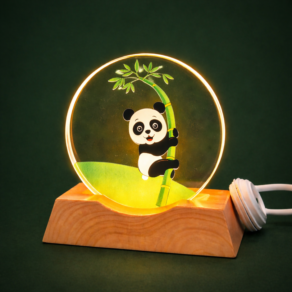 Panda Acrylic LED Night Lamp with Wooden Base USB Decorative Table Light