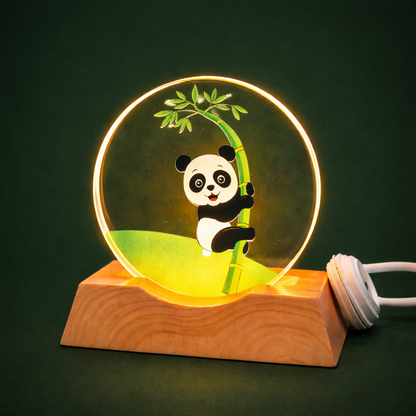 Panda Acrylic LED Night Lamp with Wooden Base USB Decorative Table Light