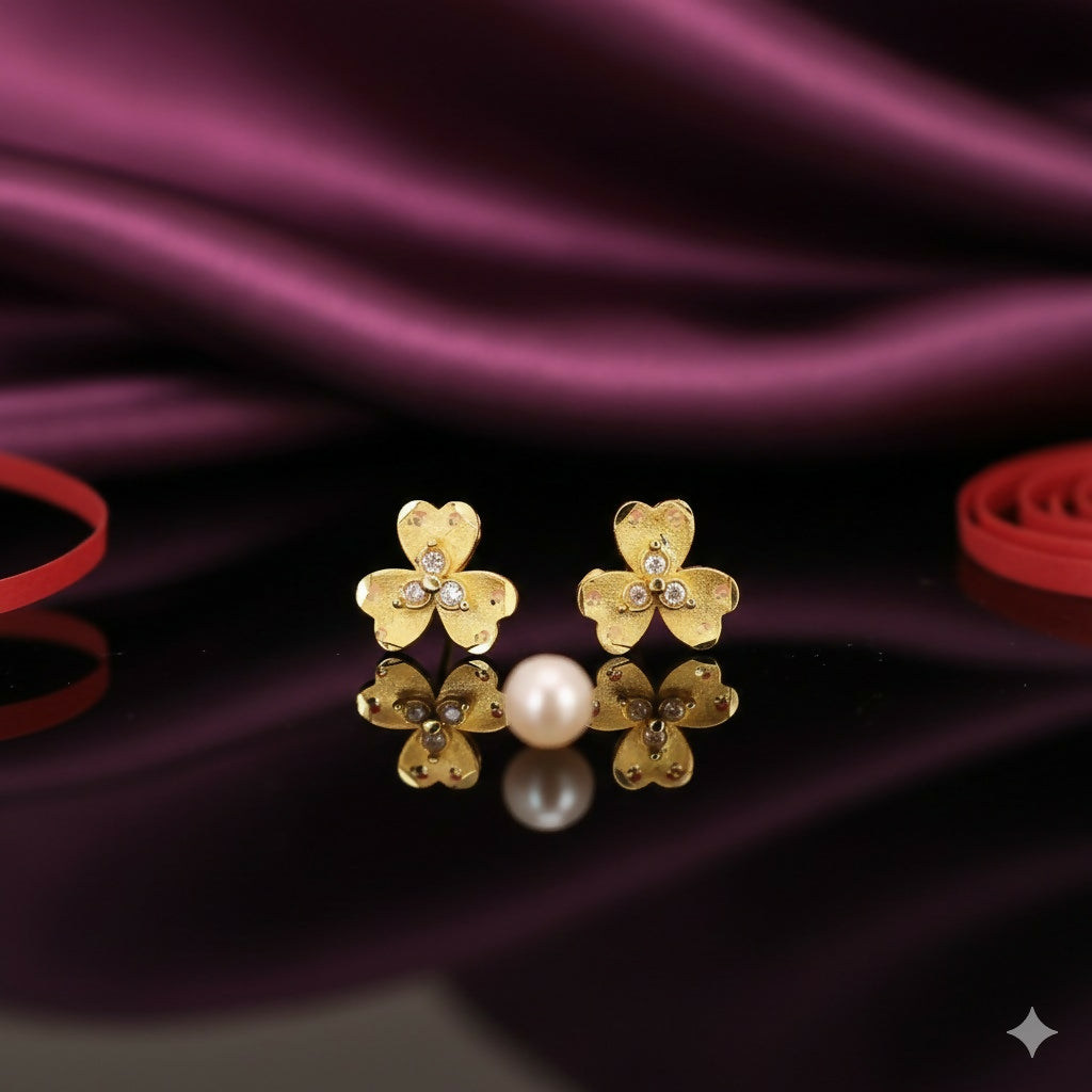 Gold Plated Clover Stud Earrings with AD for women and girls