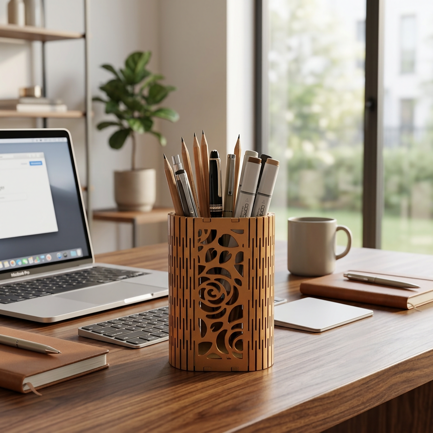Close up of the elegant lotus pattern on the wooden pen holder, highlighting the precision laser cut details.