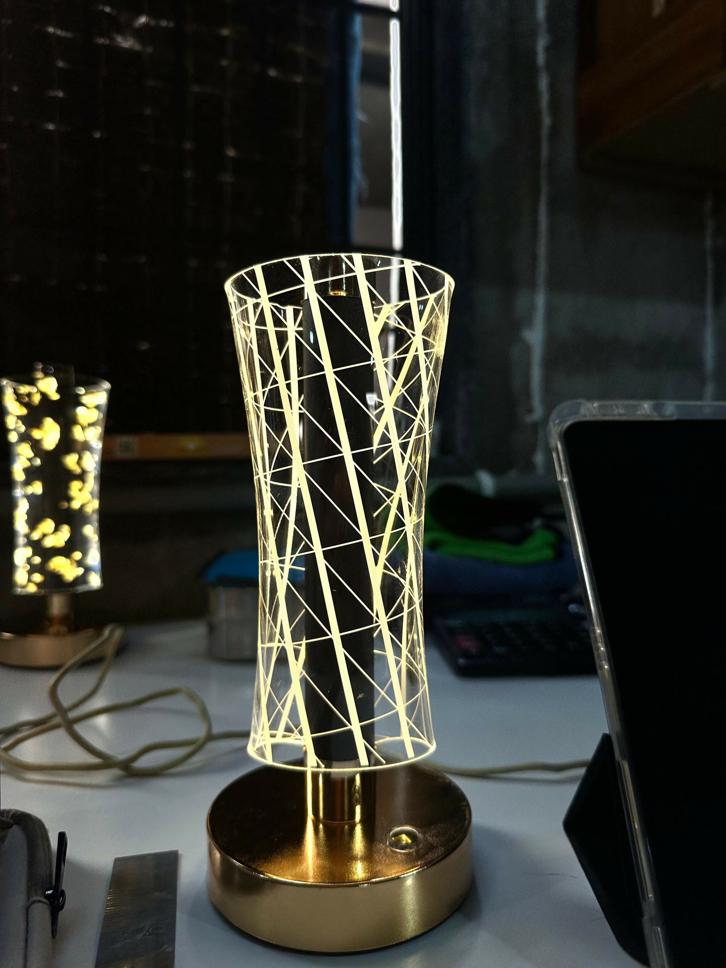 Acrylic 3D Illusion LED Table Lamp for Home Décor | Touch Sensor Golden Base Night Lamp | USB Rechargeable Warm Light Bedside Light for Bedroom, Living Room, Office & Gifting (Pack of 1)
