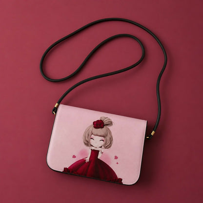 Cute pink sling bag with cartoon girl print detail